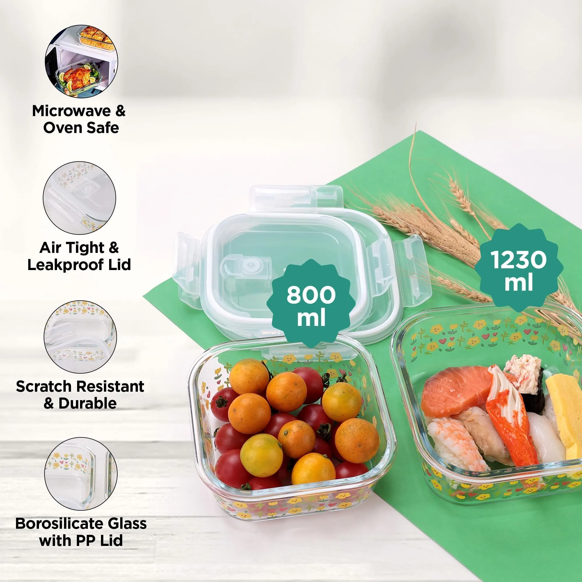The Better Home Borosilicate Glass Lunch Box Set of 2 | Tiffin Box for Office for Men Women |Lunch Box for Women School Kids |Microwave Safe Leak Proof Airtight Lunch Boxes (800ml & 1230ml, Printed)
