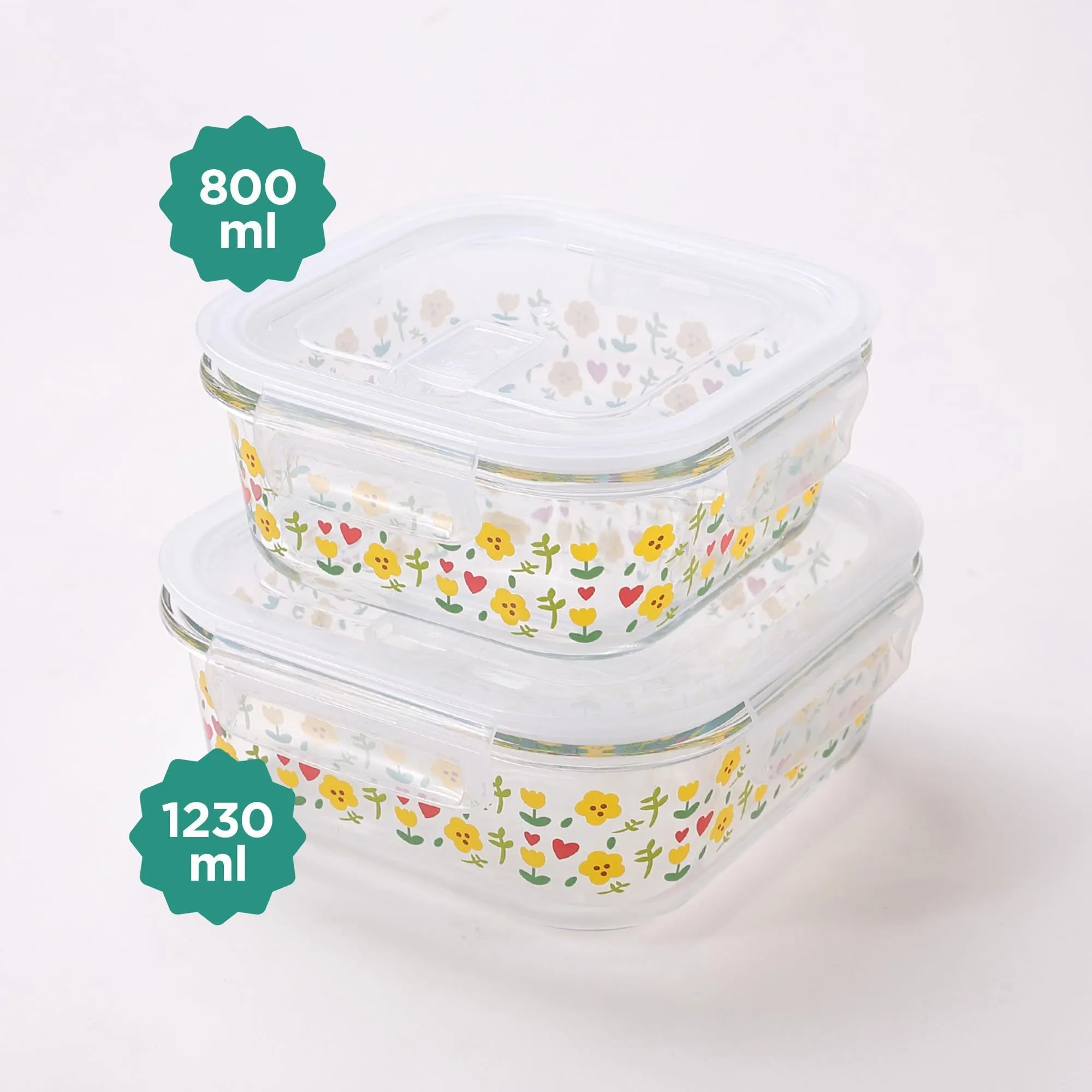 The Better Home Borosilicate Glass Lunch Box Set of 2 | Tiffin Box for Office for Men Women |Lunch Box for Women School Kids |Microwave Safe Leak Proof Airtight Lunch Boxes (800ml & 1230ml, Printed)